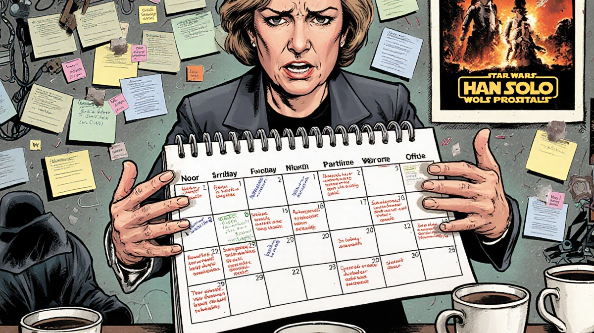 Kathleen Kennedy stands frustrated before messy calendar with cancelled Solo script and coffee cups showing production chaos