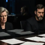 Kathleen Kennedy sits sternly at conference table with dim lights and scattered Star Wars papers while Rian Johnson