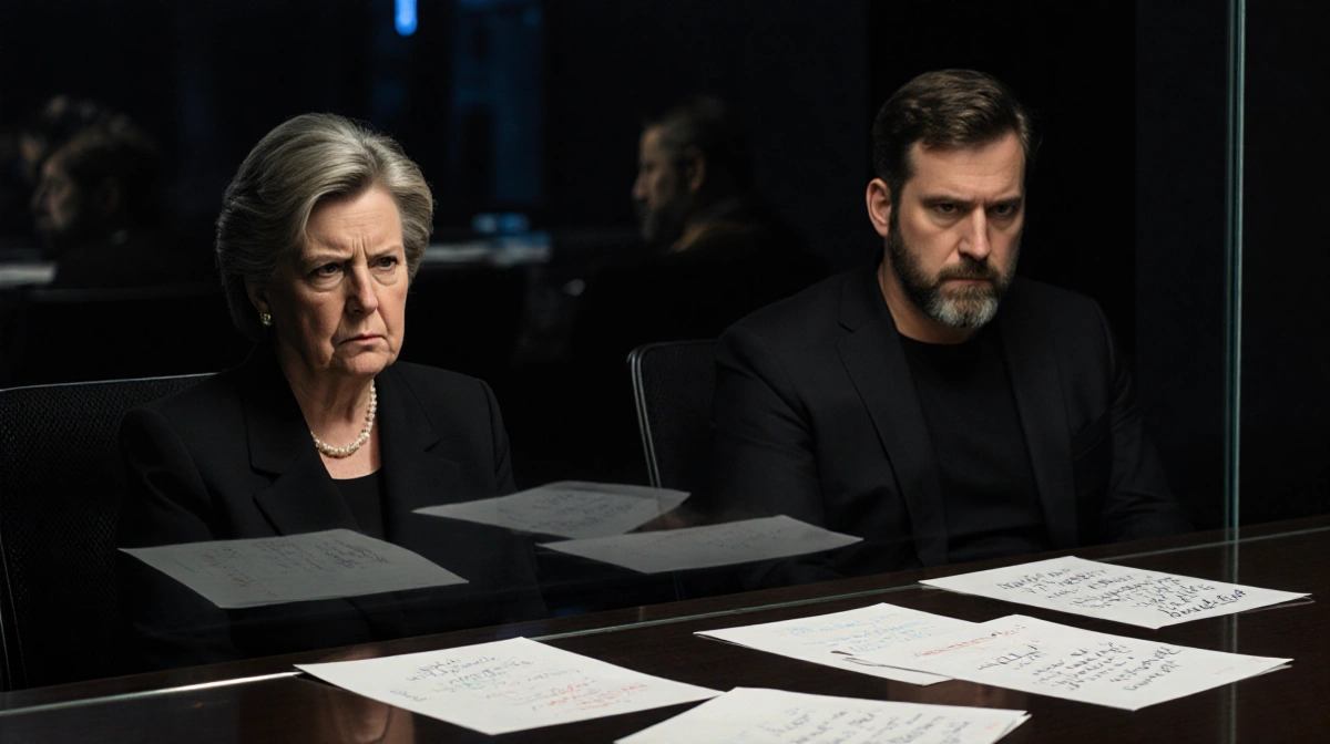 Kathleen Kennedy sits sternly at conference table with dim lights and scattered Star Wars papers while Rian Johnson