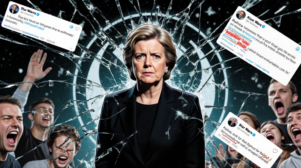 Kathleen Kennedy stands before shattered Star Wars logo with broken glass and angry fan comments streaming across toxic lands