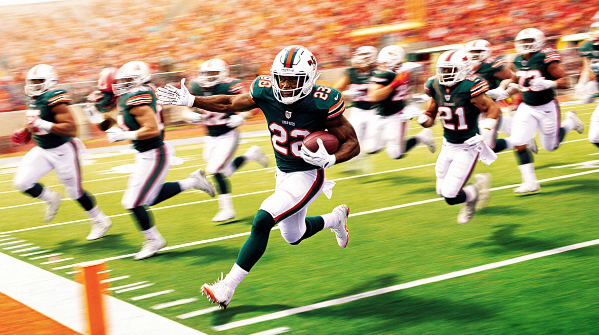 Keionte Scott of Miami leaping for a 72-yard interception touchdown with football in hand and motion-blurred teammates behind