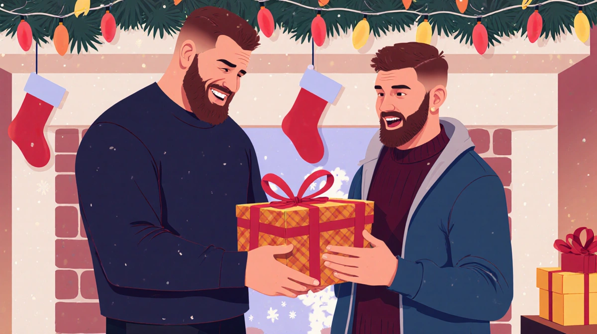 Travis Kelce handing a present to brother Ed Kelce with Christmas lights and smiles in a gift exchange.