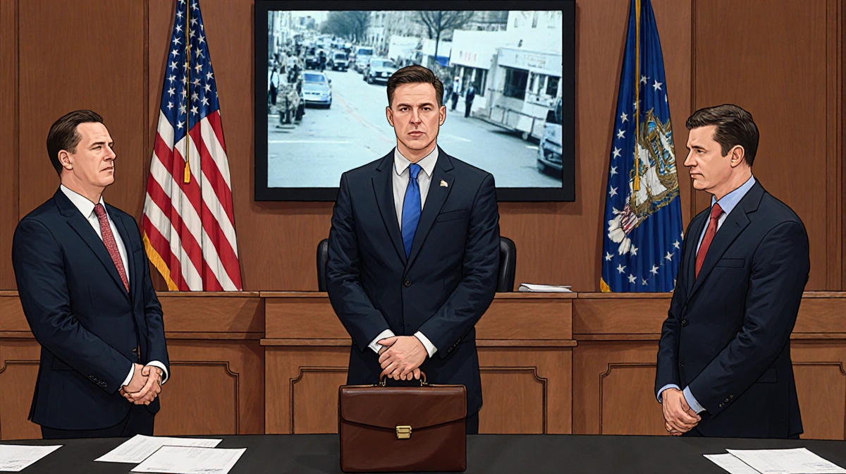 Senator Mark Kelly addressing judge in courtroom with Pete Hegseth holding briefcase and video screen showing evidence behind
