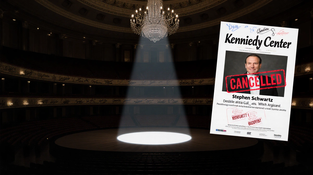 Spotlight shining on cancelled gala poster with dim chandelier and blurred Kennedy Center protest words
