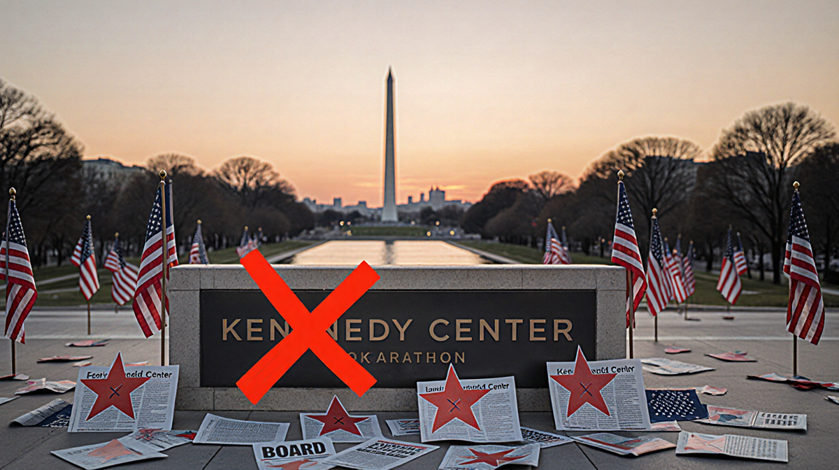 Kennedy Center sign marked with red X surrounded by protest signs and newspaper clippings near a sunset Washington Monument