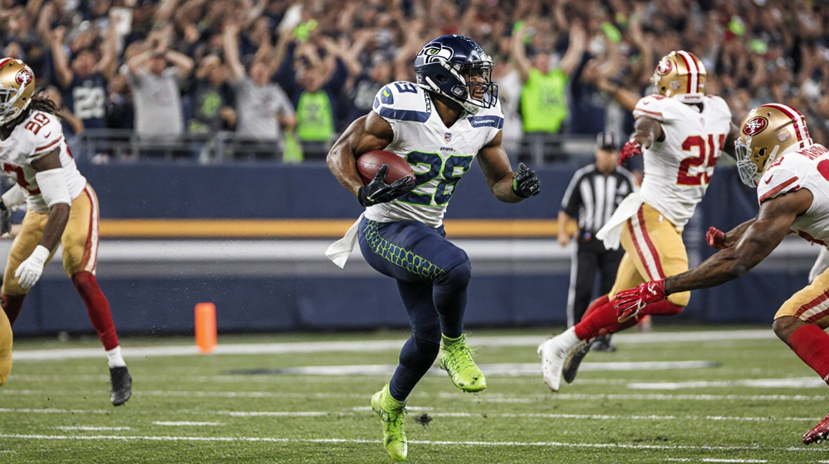 Kenneth Walker III scoring touchdown with Seahawks fans celebrating and defense trailing behind
