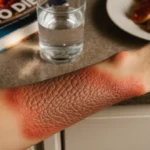 Arm with red scaly keto rash sits near keto cookbook and meal showing skin inflammation