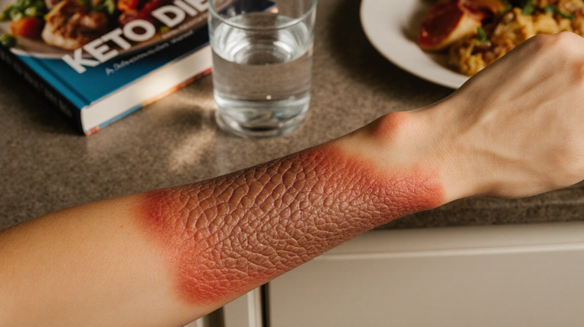 Arm with red scaly keto rash sits near keto cookbook and meal showing skin inflammation