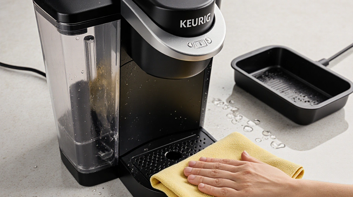 Damp cloth wiping Keurig machine with drip tray and reservoir removed showing water droplets on counter