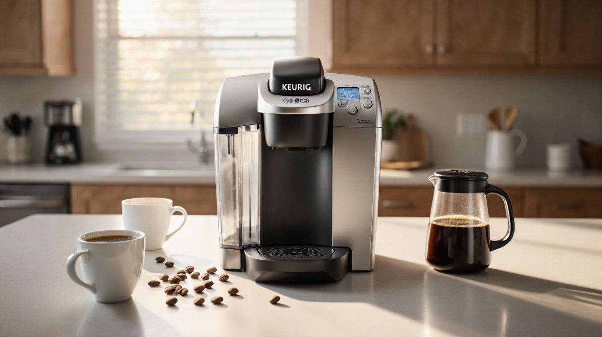 Keurig coffee machine brewing with stainless steel finish and morning sunlight through window