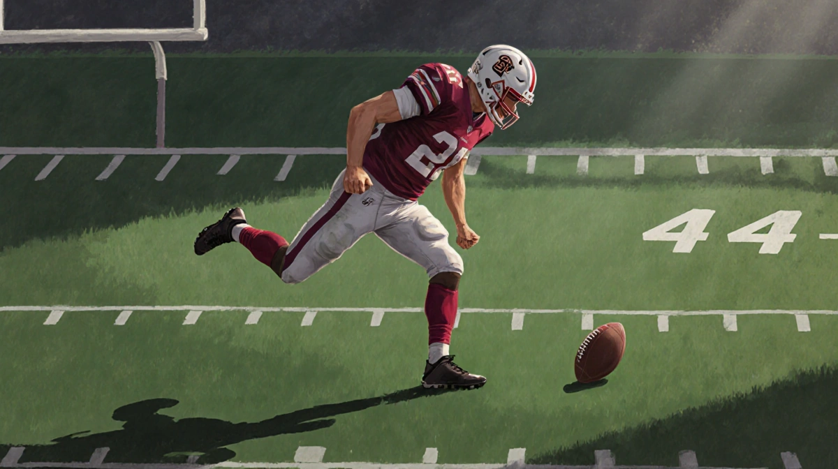 Football kicker stands alone on field with missed 44-yard kick in background showing disappointment.