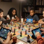 Kids playing Clone Wars tabletop game with tablets and miniatures scattered across gaming table