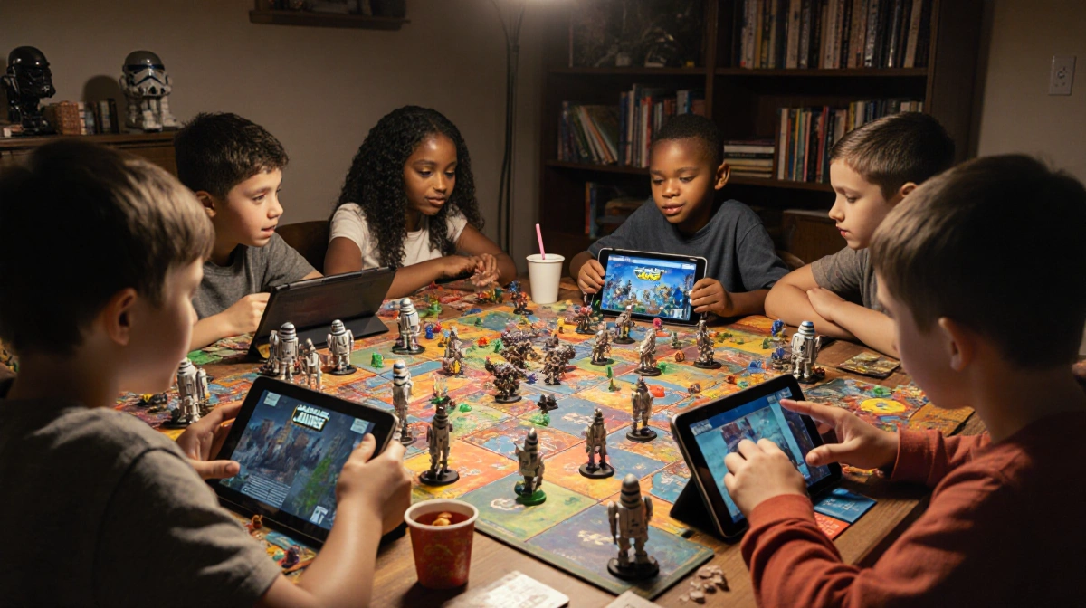 Kids playing Clone Wars tabletop game with tablets and miniatures scattered across gaming table