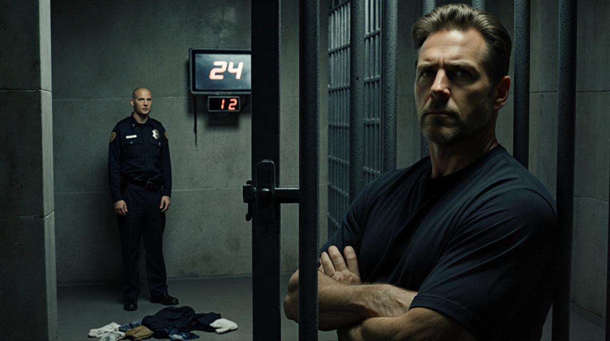Kiefer Sutherland sits in jail cell with arms crossed and 24 countdown timer on screen behind him