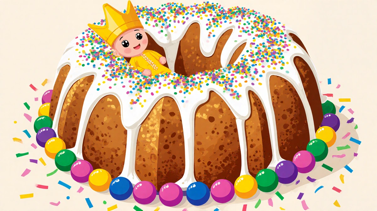 King cake revealing a hidden baby with colorful icing beads and sprinkles celebrating Carnival