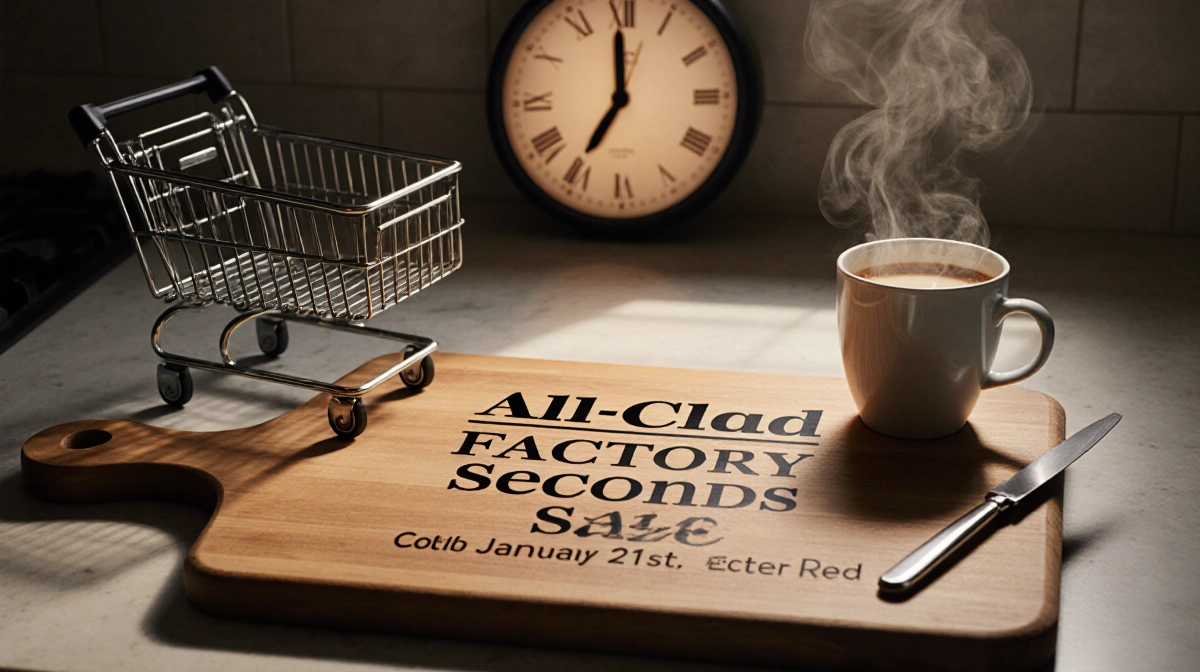 Cutting board shows All-Clad Factory Seconds sale with discounted cookware and steaming coffee beside a ticking clock