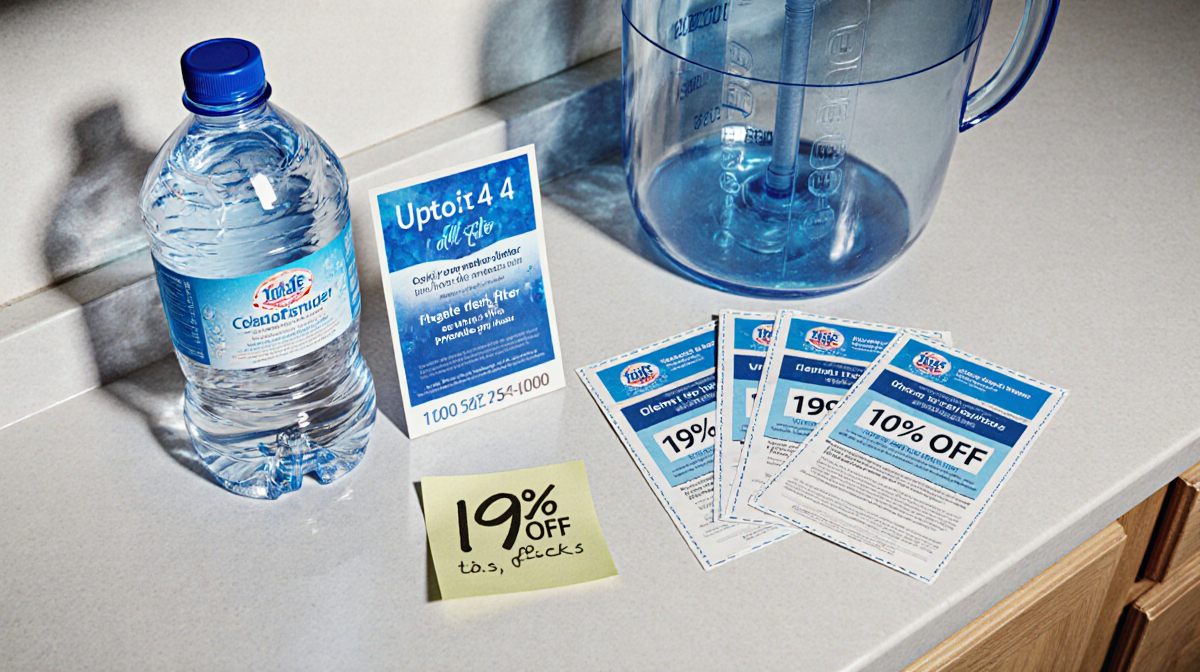 Kitchen counter shows water bottle and pitcher with a price tag marked 10% discount and a sticky note with a phone number