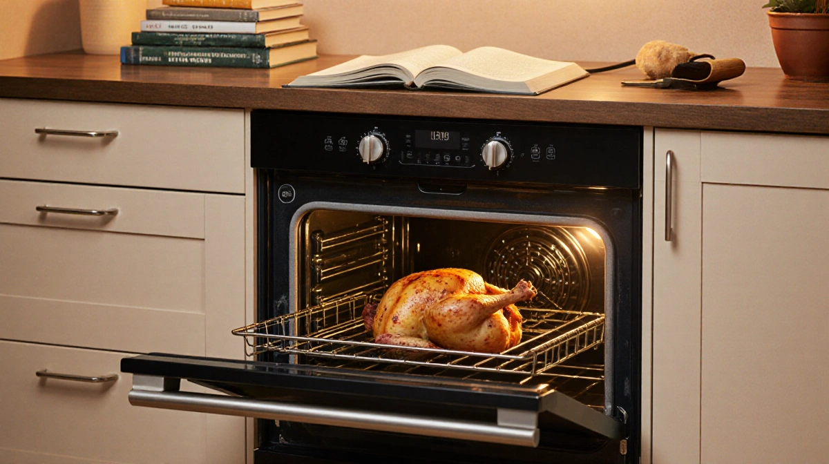 Oven glowing warmly with roasted chicken inside and cookbooks stacked nearby creating cozy kitchen scene
