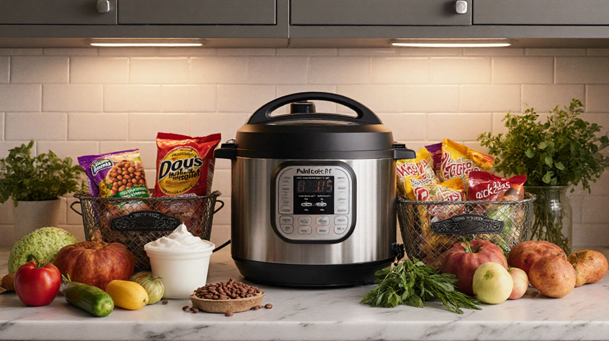 Multicooker cooks stews with beans and yogurt on kitchen counter with plastic snacks and coal around