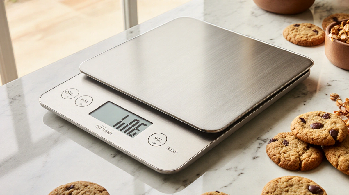 Kitchen scale showing weight with cookies arranged around it under warm natural light