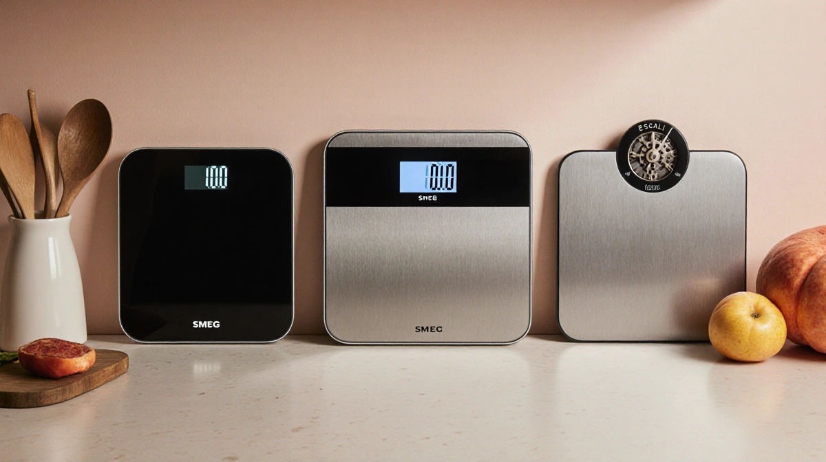 SMEG kitchen scale glowing with light-up screen on modern countertop with warm retro flair