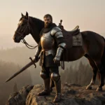 Weary knight stands on cliff with weathered sword and loyal horse overlooking misty forest at sunset