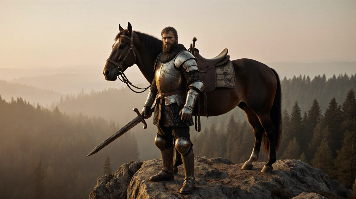 Weary knight stands on cliff with weathered sword and loyal horse overlooking misty forest at sunset