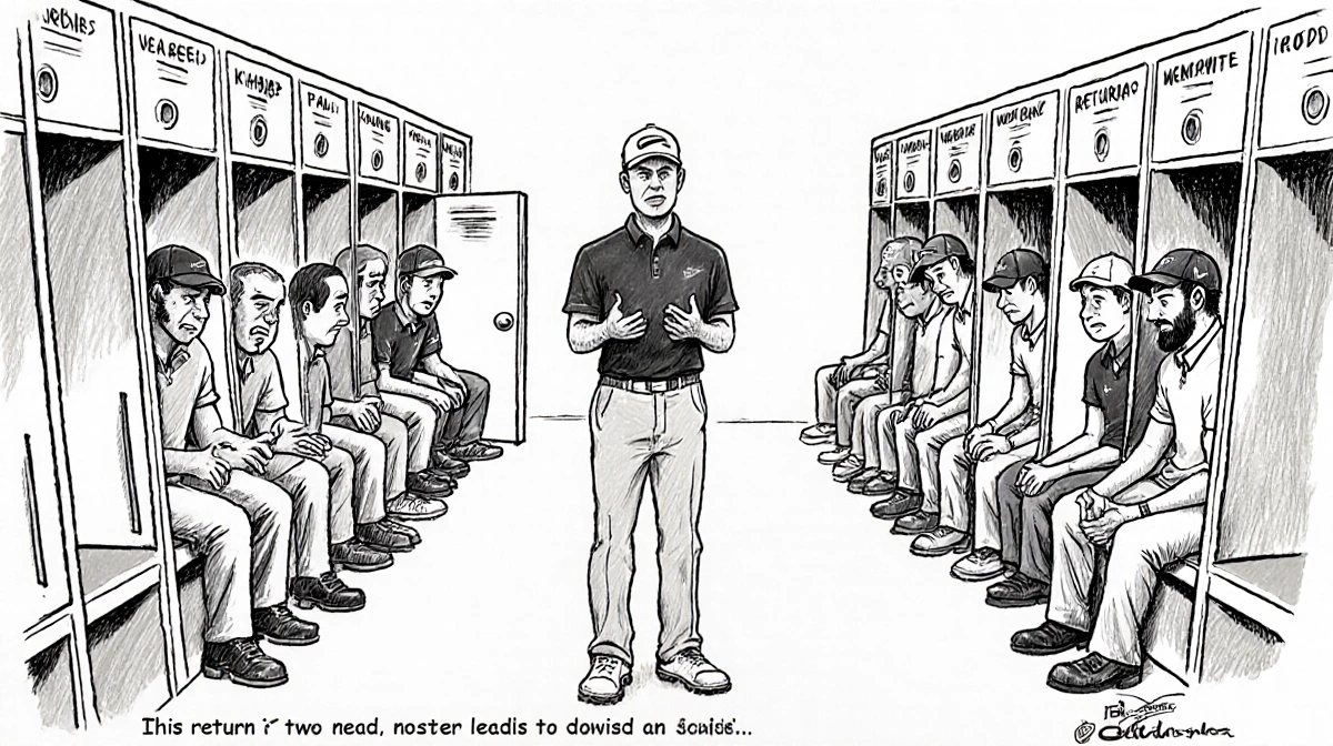 Brooks Koepka addressing golfers in locker room with teammates showing mixed reactions and locker doors ajar