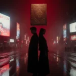 KPop Demon Hunters standing back-to-back with Sinners against blood-red cityscape with neon lights and ancient tome