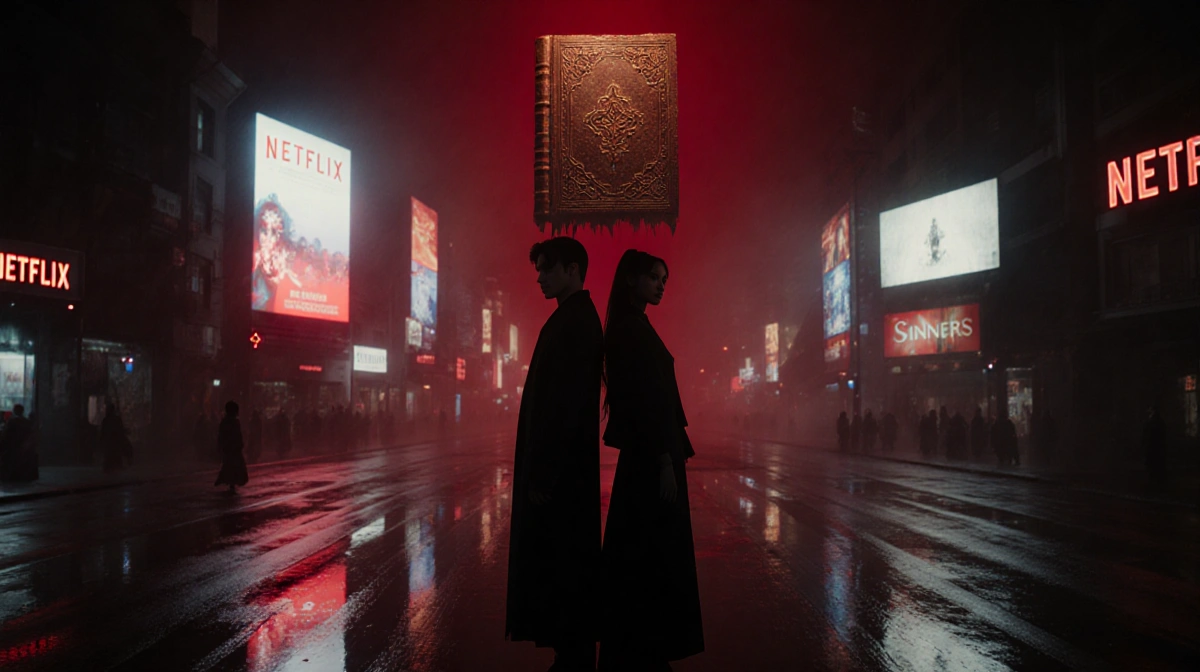 KPop Demon Hunters standing back-to-back with Sinners against blood-red cityscape with neon lights and ancient tome