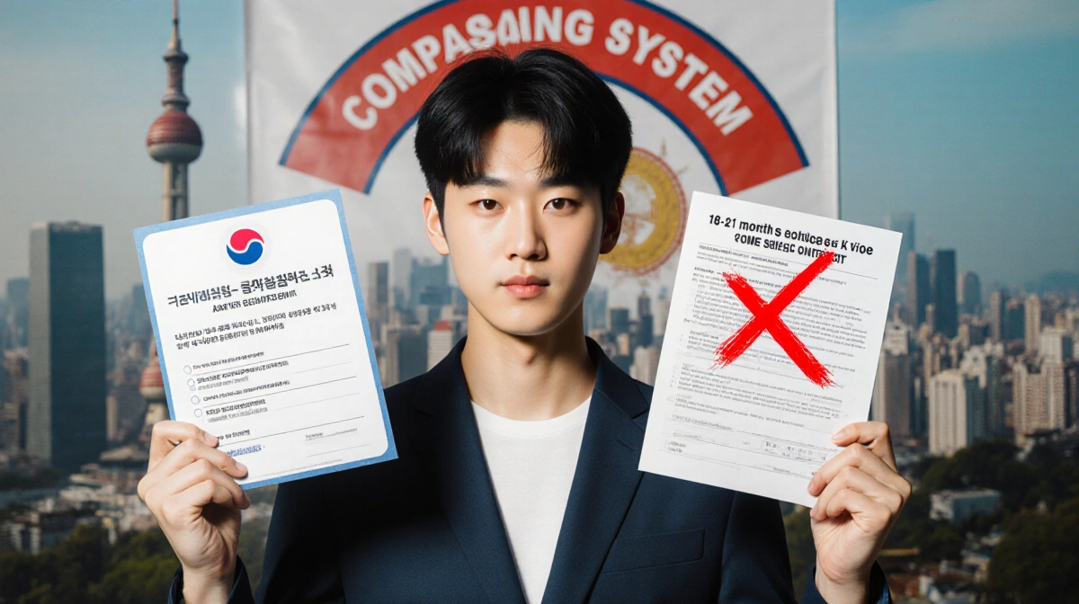 Young adult in Korean fashion holds exemption card and service contract with Seoul skyline behind recruitment poster
