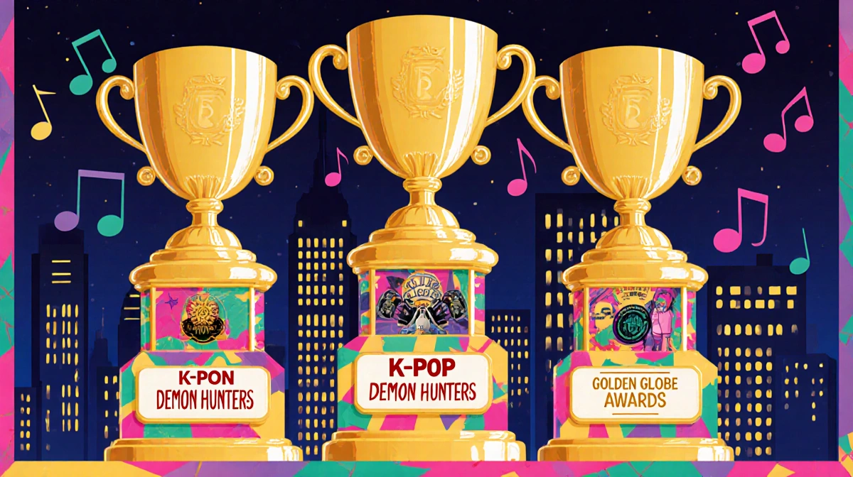 Golden trophy shelf holds three awards labeled KPop Demon Hunters with musical notes and vibrant K-pop patterns against night