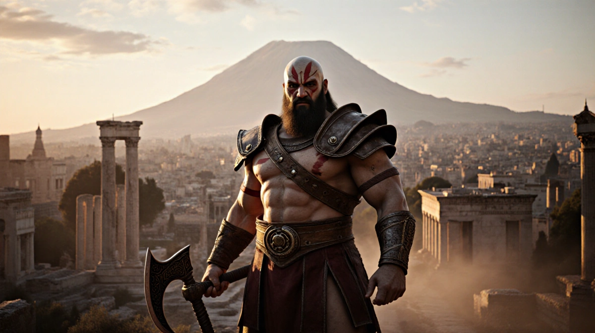 Kratos stands with battle axe against ancient Athens ruins and Mount Olympus at sunset