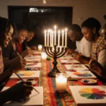 People painting with colors and crafting supplies on a table decorated with African textiles and a kinara during Kwanzaa