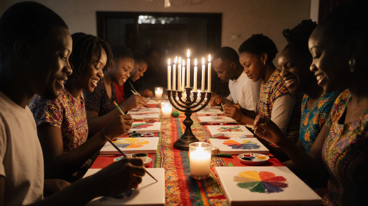 People painting with colors and crafting supplies on a table decorated with African textiles and a kinara during Kwanzaa