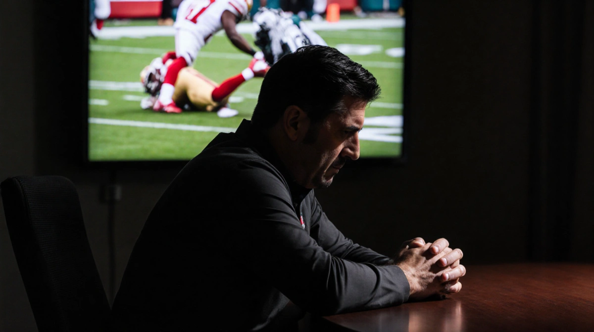 Kyle Shanahan sits with bowed head and clasped hands as blurred TV shows George Kittle injury during 49ers Eagles playoff gam