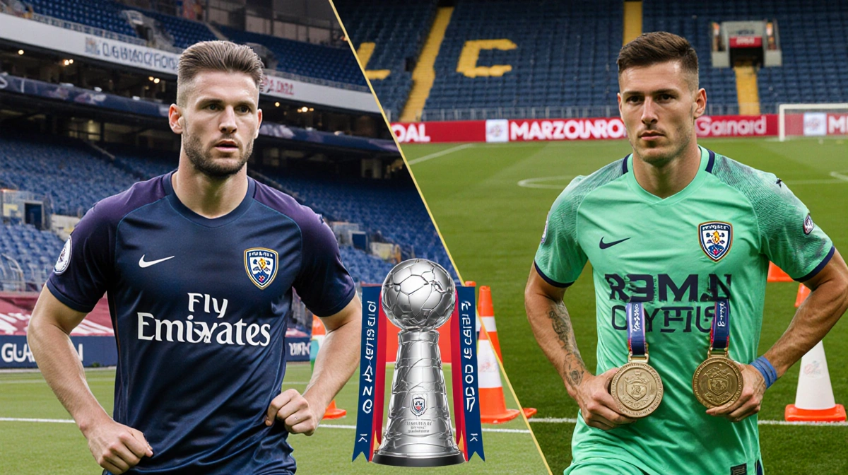 LA Galaxy roster Jakob Glesnes and Justin Haak stand beside empty seats and a trophy with Riqui Puig shown on the other side