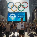 Young athlete holds LA2028 ticket brochure with Olympic rings towering above Los Angeles skyline and cheering crowds behind
