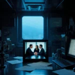Three people in framed photo sit at conference table with blue light from window illuminating high-tech lab