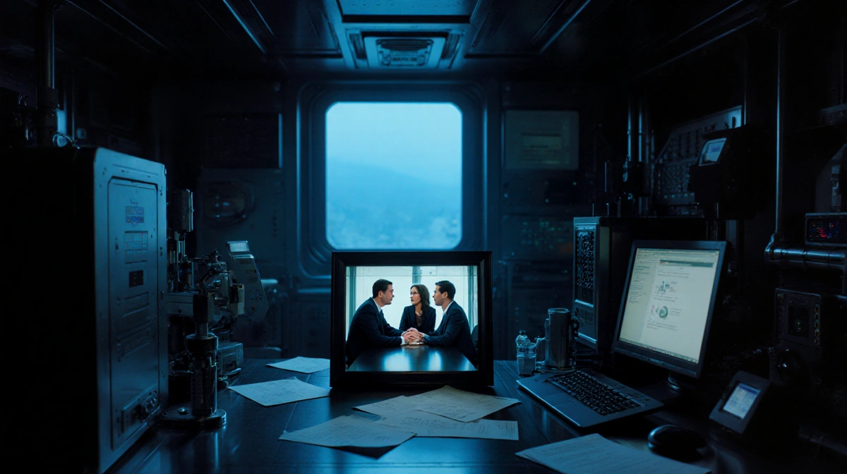 Three people in framed photo sit at conference table with blue light from window illuminating high-tech lab