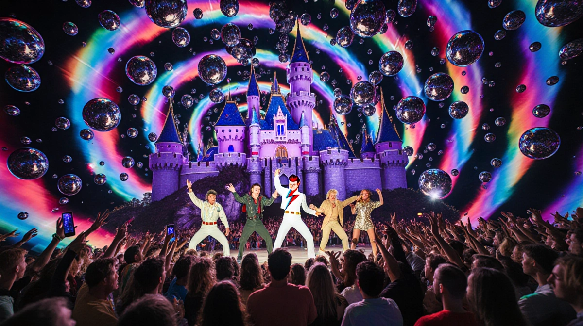 Fans dance at Labyrinth concert with neon lights and mirrored balls spinning above Jareth