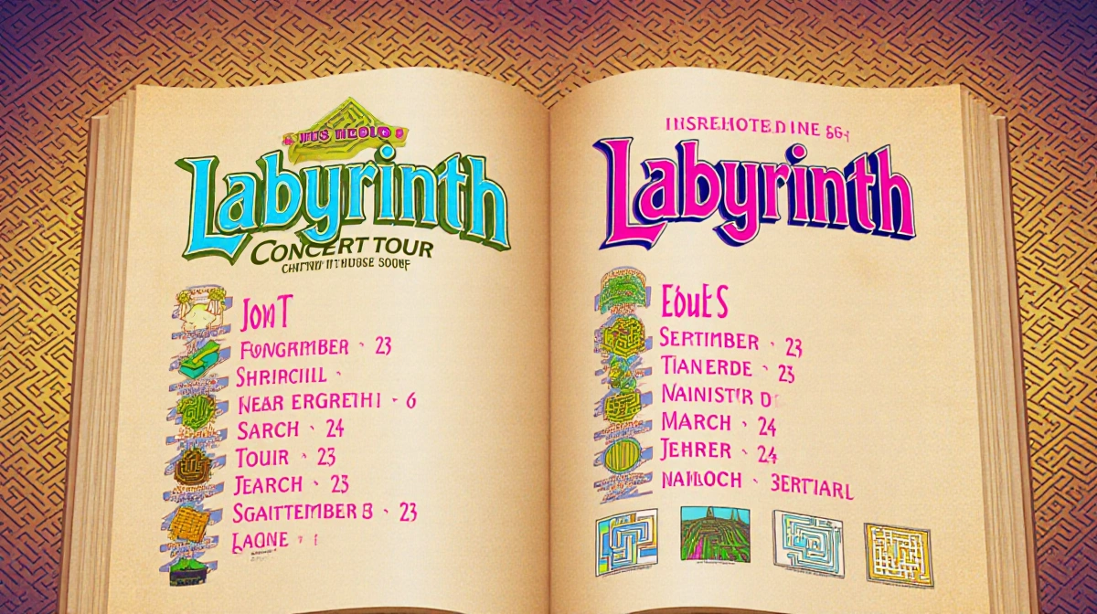 Vintage calendar page highlights Labyrinth tour dates September 14 and November 24 with neon fonts and maze patterns