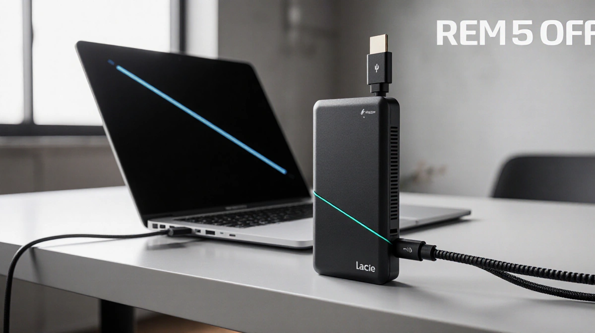 LaCie Rugged SSD Pro5 connects to MacBook Pro with Thunderbolt 5 cable across desk with blurred workspace behind