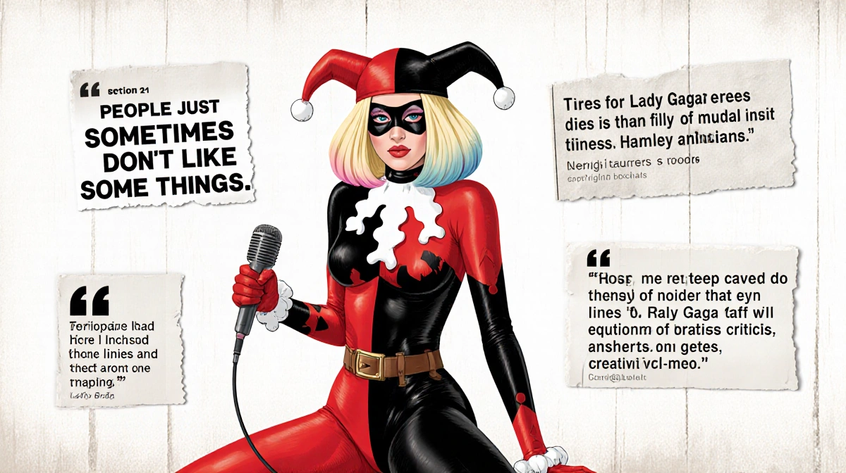 Lady Gaga sits confidently with microphone wearing Harley Quinn costume while negative reviews float around her with bold typ