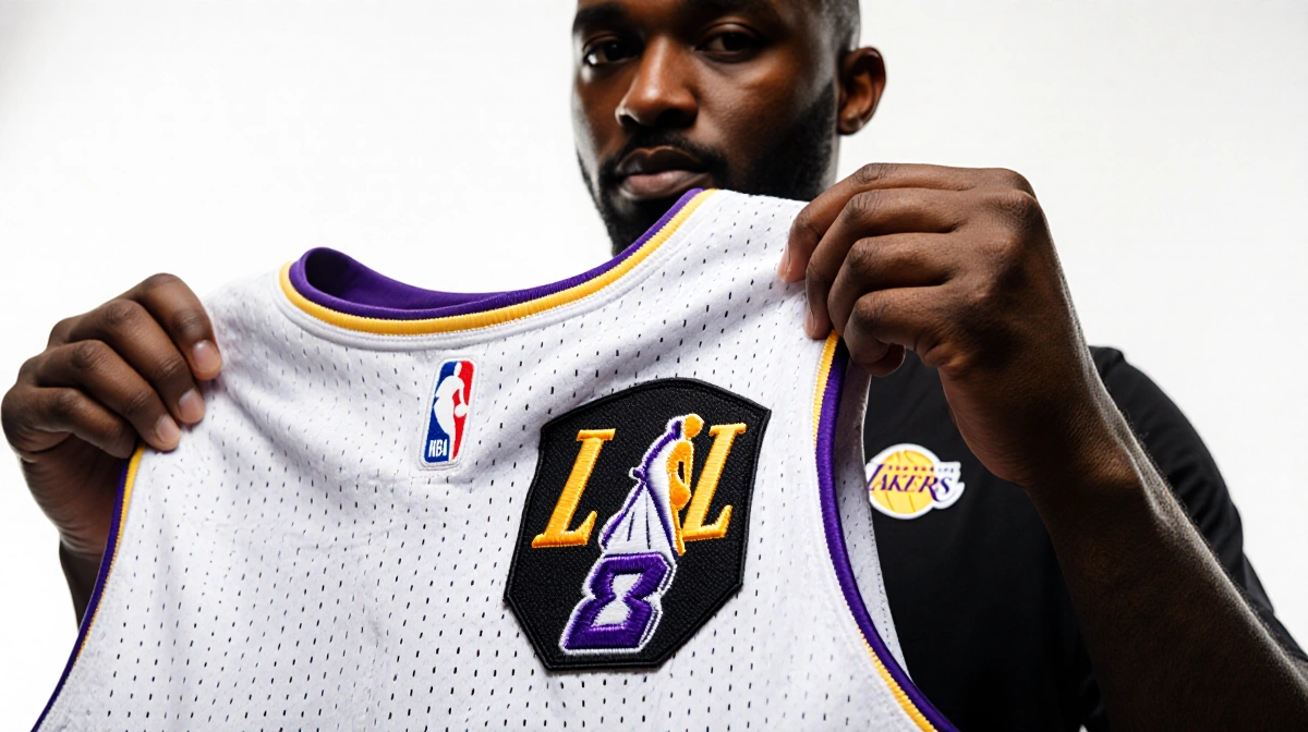 Equipment manager holds Lakers jersey with commemorative NBA patch showing LAL logo against white backdrop