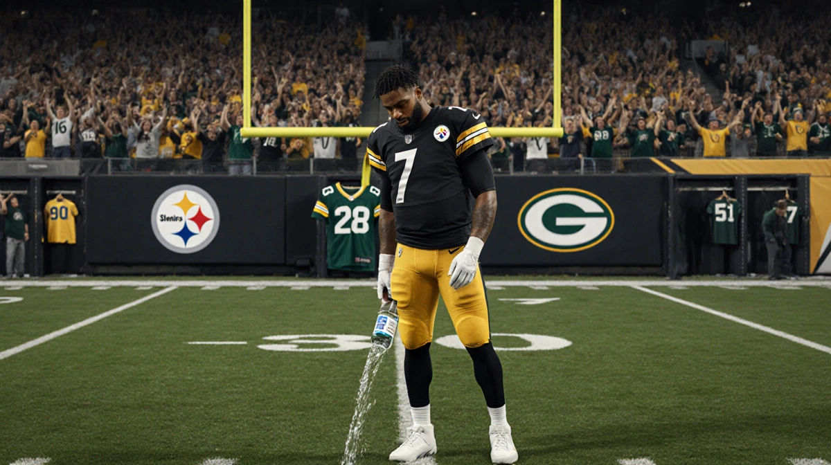 Lamar Jackson pouring holy water onto turf with Steelers logo on goalposts and cheering fans in background