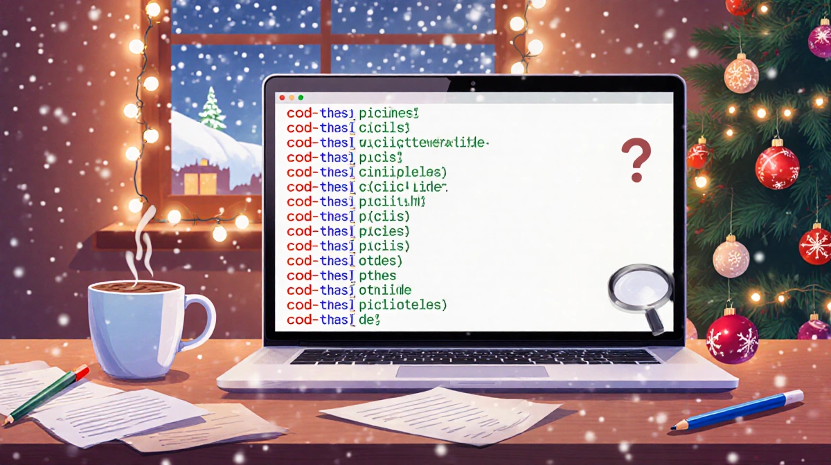 Magnifying glass hovering over a code line on laptop screen with hot cocoa beside it in a Christmas setting