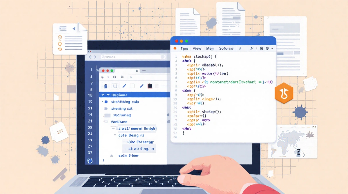 Developer holding laptop with coding tabs of HTML CSS JavaScript and wireframe layout in background