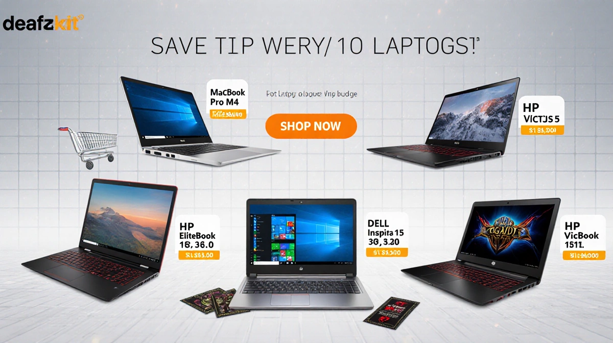 Laptop deal table displaying five laptops with price tags and discount coupons and a shopping cart