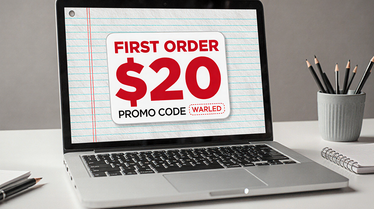 Laptop glowing with $20 discount sticker in bold red on screen with notebook background showing savings